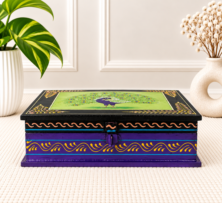 Handcrafted Wooden Peacock Design Storage Box, Hand Painted Indian Traditional Decor