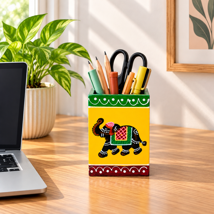 Handcrafted Wooden Pen Stand, Hand Painted Indian Traditional Elephant Decorative Pencil Holder