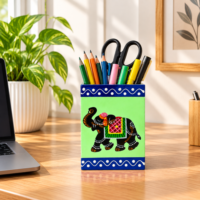 Handcrafted Wooden Pen Stand, Hand Painted Indian Traditional Elephant Decorative Pencil Holder