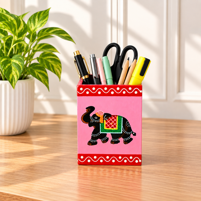 Handcrafted Wooden Pen Stand, Hand Painted Indian Traditional Elephant Pencil Holder