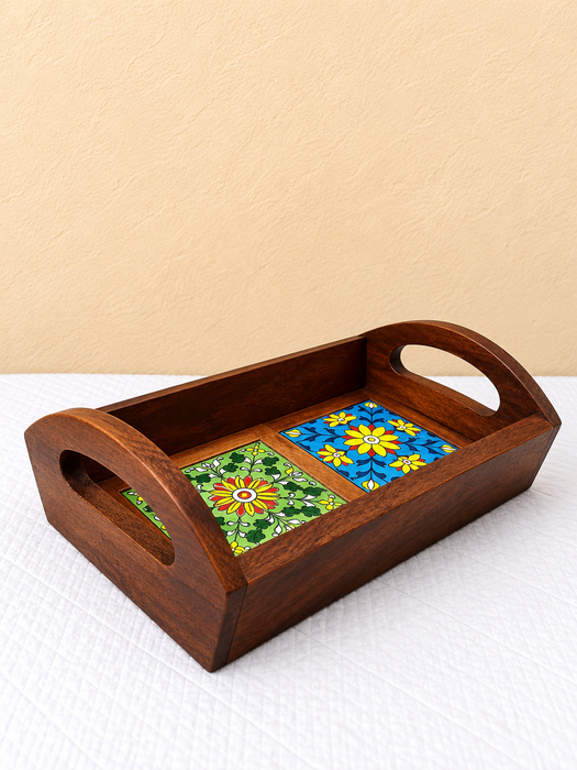 Handcrafted Wooden Serving Tray, Hand Painted Floral Indian Traditional Decor