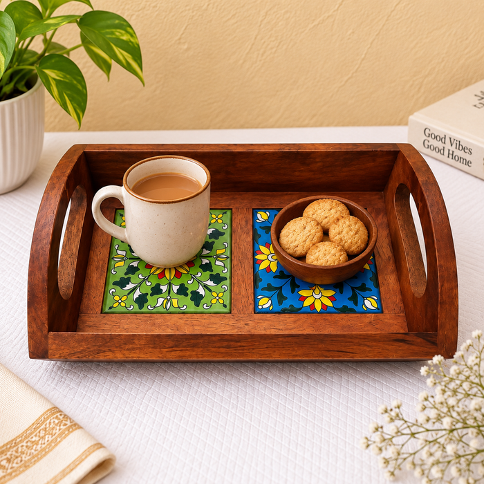 Handcrafted Wooden Serving Tray, Hand Painted Floral Indian Traditional Decor