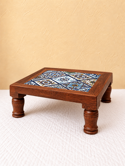 Handcrafted Wooden Chowki Table, Hand Painted Floral Tile Design Indian Traditional Decor