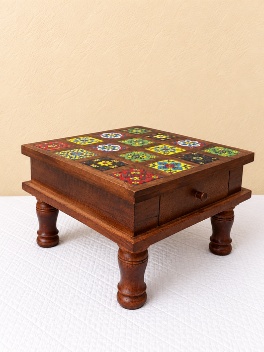 Handcrafted Wooden Side Table with Drawer, Hand Painted Floral Tile Design Indian Traditional Decor