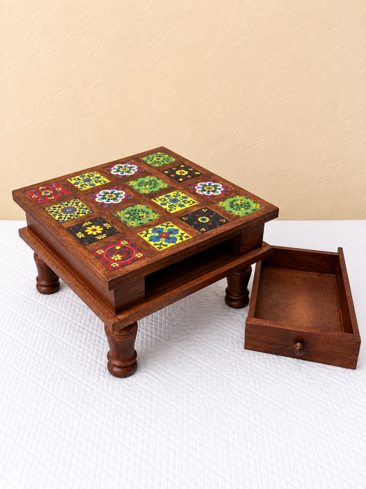 Handcrafted Wooden Side Table with Drawer, Hand Painted Floral Tile Design Indian Traditional Decor