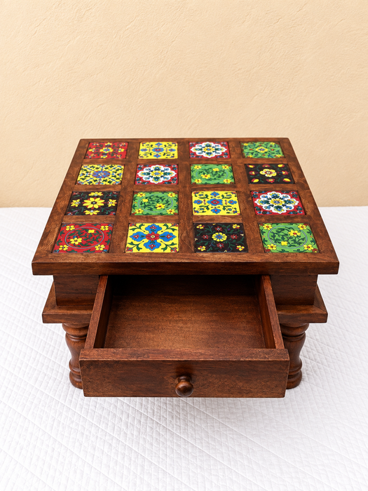 Handcrafted Wooden Side Table with Drawer, Hand Painted Floral Tile Design Indian Traditional Decor