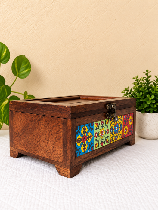 Handcrafted Wooden Tissue Box, Hand Painted Floral Indian Traditional Decor
