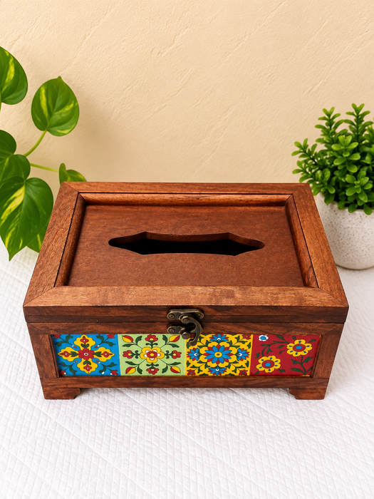 Handcrafted Wooden Tissue Box, Hand Painted Floral Indian Traditional Decor
