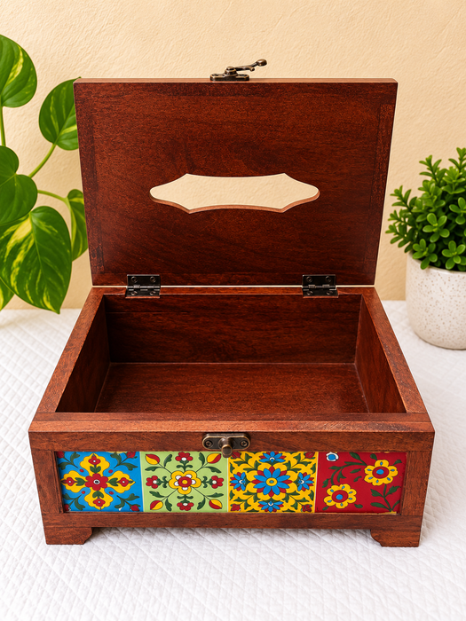 Handcrafted Wooden Tissue Box, Hand Painted Floral Indian Traditional Decor