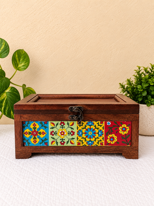 Handcrafted Wooden Tissue Box, Hand Painted Floral Indian Traditional Decor