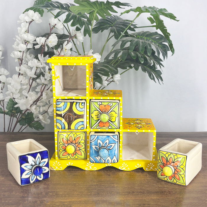 Handcrafted Yellow Wooden Storage Box with 6 Multicolor Ceramic Drawers 6