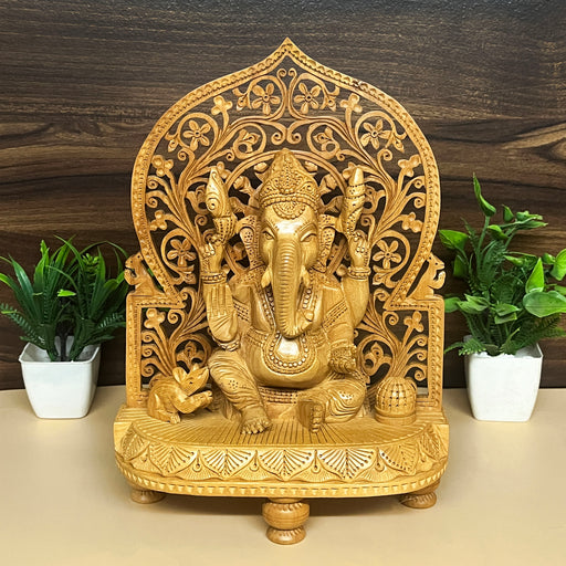 Handmade Wooden Jali Frame Lord Ganesha Sitting Staue