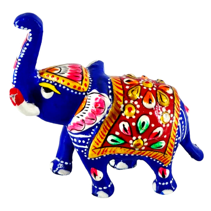 Meenakari Blue Metal Trunk Up Elephant Statue