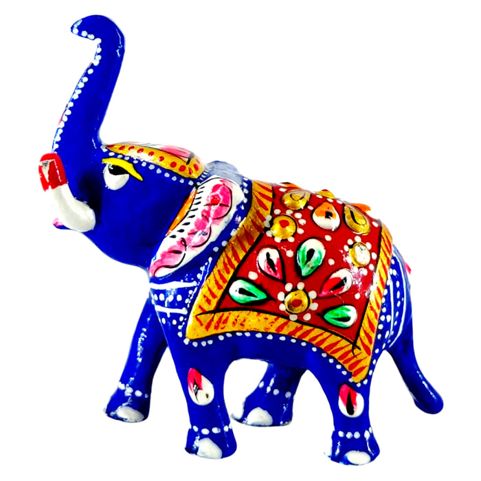 Meenakari Blue Metal Trunk Up Elephant Statue