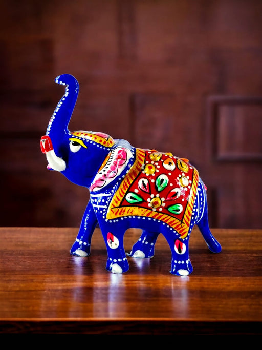 Meenakari Blue Metal Trunk Up Elephant Statue