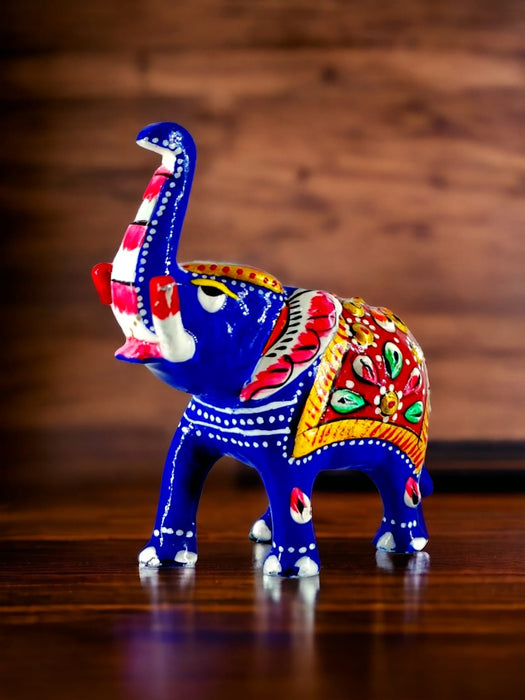 Meenakari Blue Metal Trunk Up Elephant Statue