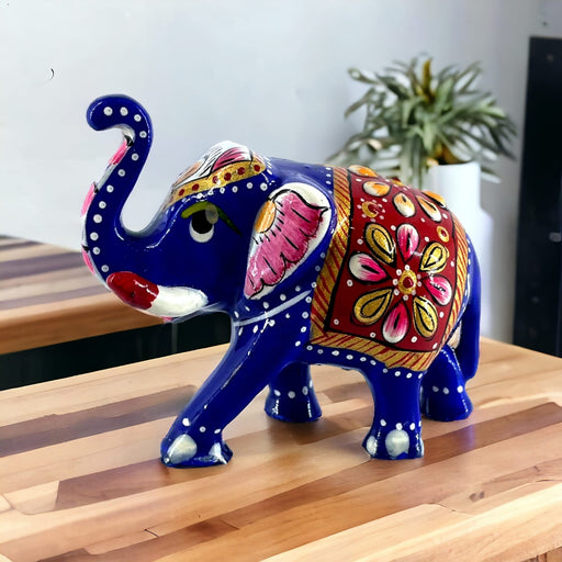 Handcrafted Meenakari Blue Metal Trunk Up Elephant Statue