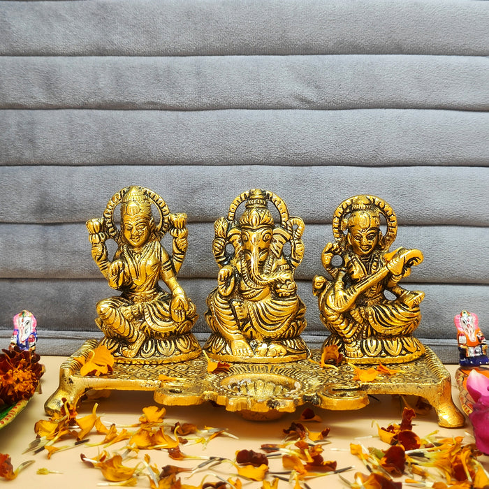 Divine Metal Laxmi Ganesh Saraswati Diya - Illuminate Your Home with Blessings