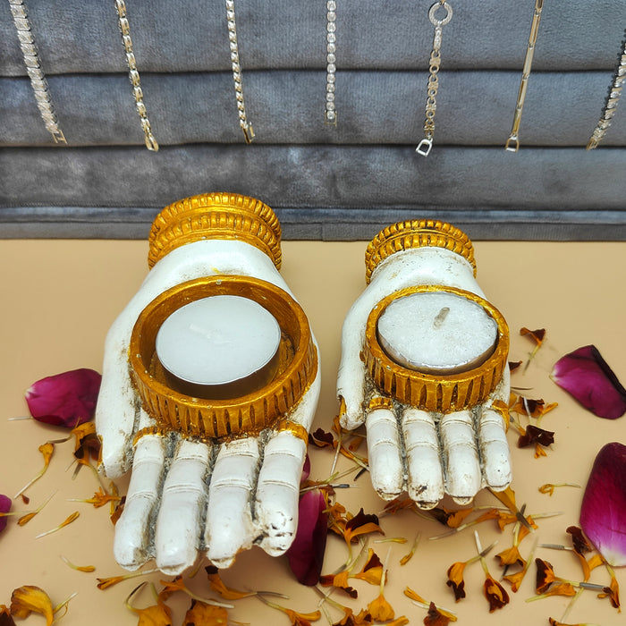 Golden and White Metal Candle Holders for Home Temple