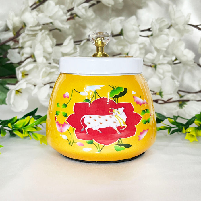 decorative dry fruit jar, cow printed dry fruit box, Yellow hand painted dry fruit jar, antique indian dry fruit jar for wedding gifts,