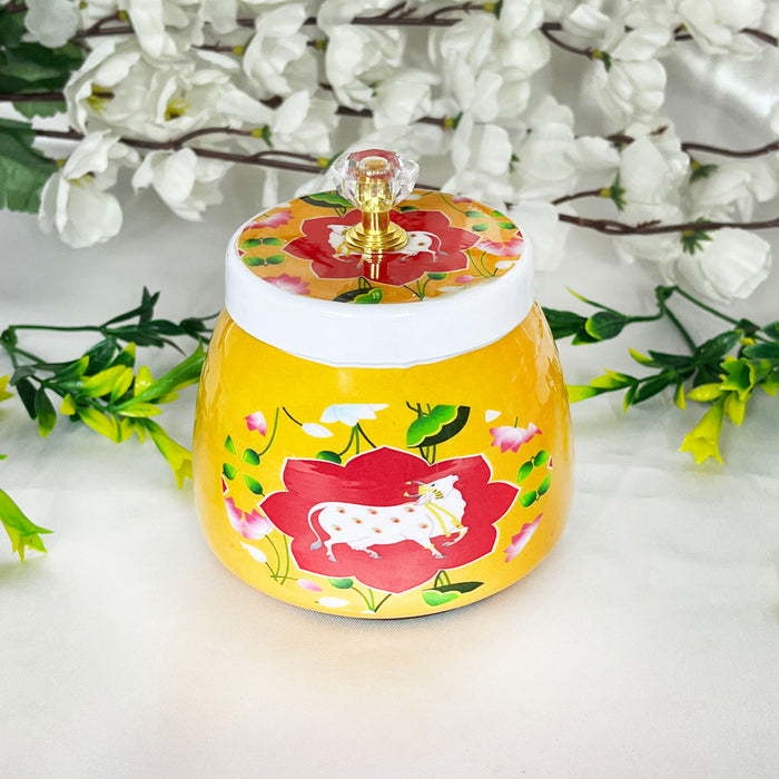 decorative dry fruit jar, cow printed dry fruit box, Yellow hand painted dry fruit jar, antique indian dry fruit jar for wedding gifts,