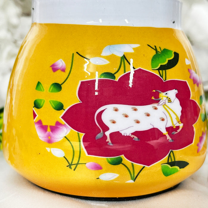 decorative dry fruit jar, cow printed dry fruit box, Yellow hand painted dry fruit jar, antique indian dry fruit jar for wedding gifts,