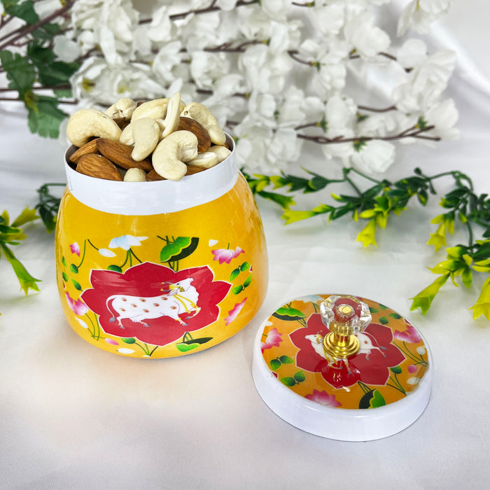 decorative dry fruit jar, cow printed dry fruit box, Yellow hand painted dry fruit jar, antique indian dry fruit jar for wedding gifts,