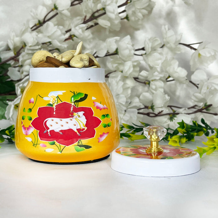 decorative dry fruit jar, cow printed dry fruit box, Yellow hand painted dry fruit jar, antique indian dry fruit jar for wedding gifts,