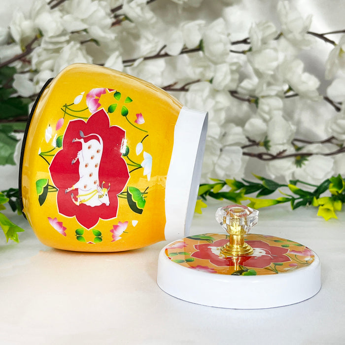 Cow-printed dry fruit box, Yellow hand-painted dry fruit jar, antique indian dry fruit jar