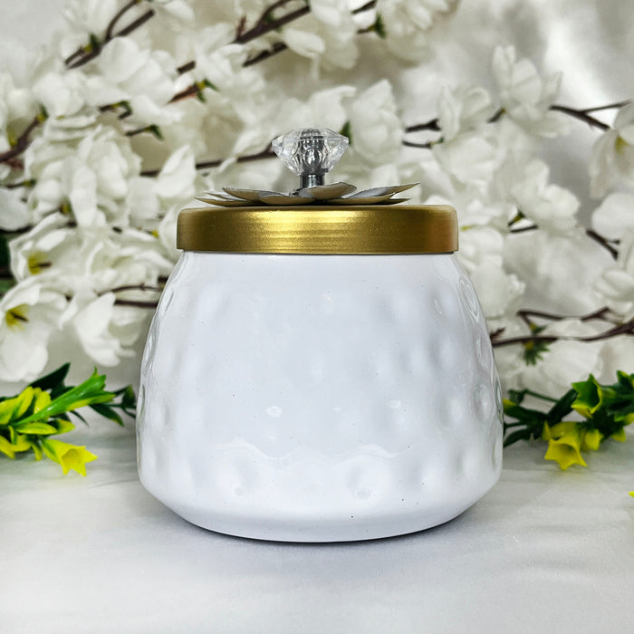 Elegant White Ceramic Storage Jar with Gold Lid & Crystal Knob | Decorative Multipurpose Container
