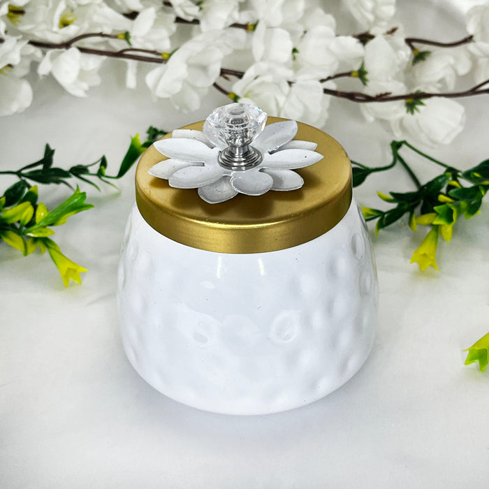 Elegant White Ceramic Storage Jar with Gold Lid & Crystal Knob | Decorative Multipurpose Container
