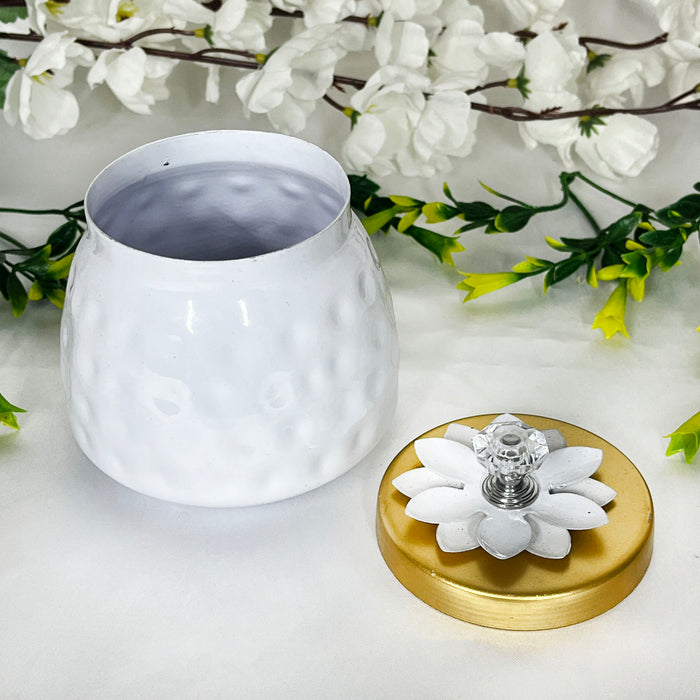 Elegant White Ceramic Storage Jar with Gold Lid & Crystal Knob | Decorative Multipurpose Container