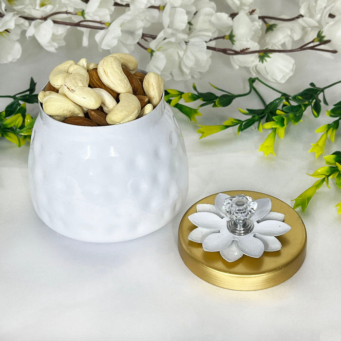 Elegant White Ceramic Storage Jar with Gold Lid & Crystal Knob | Decorative Multipurpose Container