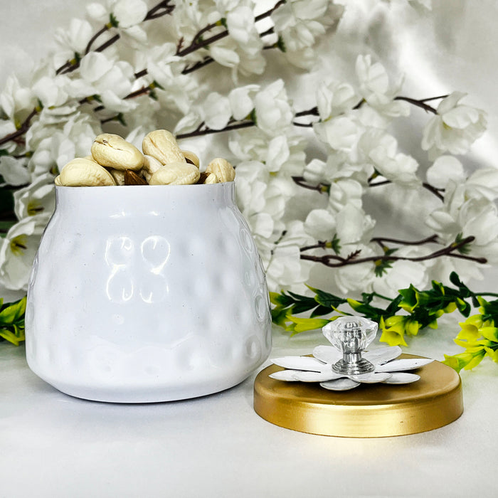 Elegant White Ceramic Storage Jar with Gold Lid & Crystal Knob | Decorative Multipurpose Container