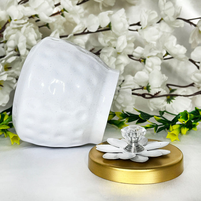 Elegant White Ceramic Storage Jar with Gold Lid & Crystal Knob | Decorative Multipurpose Container