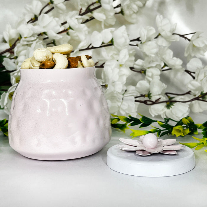 Elegant Pink Ceramic Storage Jar with Floral Lid | Decorative Multipurpose Container
