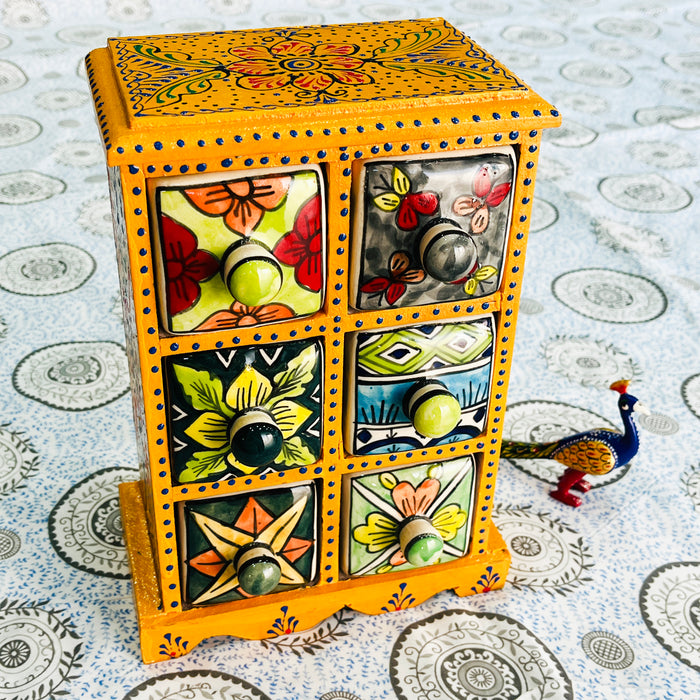 Wooden Handcrafted Jewelry Box with Colorful Ceramic Drawers | Rajasthani Mini Chest Organizer
