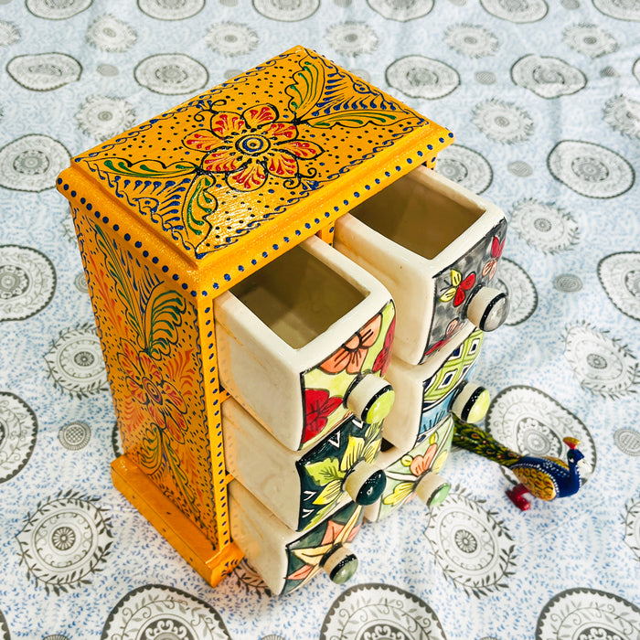 Wooden Handcrafted Jewelry Box with Colorful Ceramic Drawers | Rajasthani Mini Chest Organizer