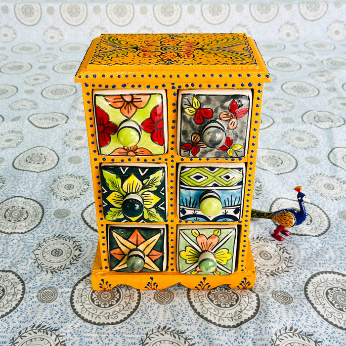 Wooden Handcrafted Jewelry Box with Colorful Ceramic Drawers | Rajasthani Mini Chest Organizer