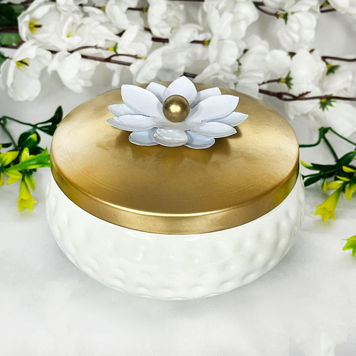 Elegant White Ceramic Storage Jar with Gold Lid | Decorative Multipurpose Organizer