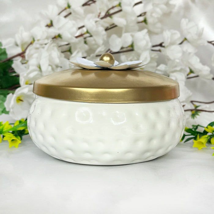 Elegant White Ceramic Storage Jar with Gold Lid | Decorative Multipurpose Organizer