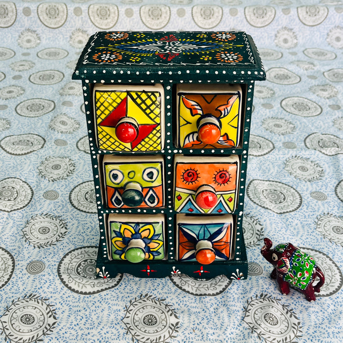 Handcrafted Wooden Jewelry Box with Colorful Ceramic Drawers | Rajasthani Mini Chest Organizer