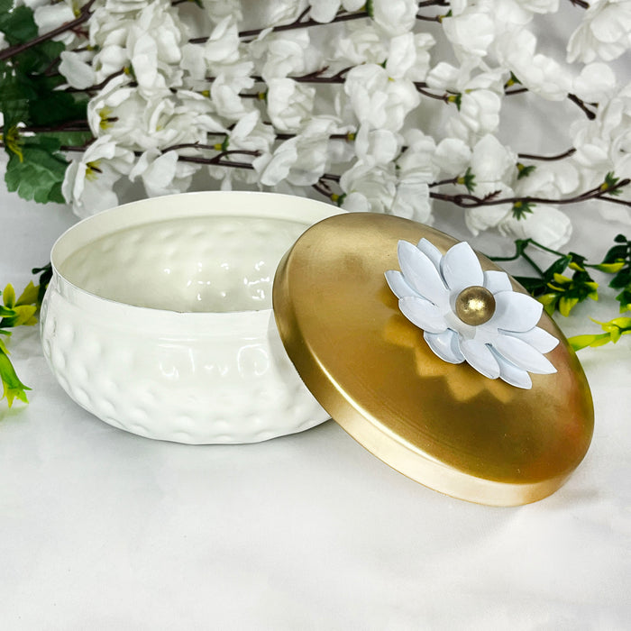 Elegant White Ceramic Storage Jar with Gold Lid | Decorative Multipurpose Organizer