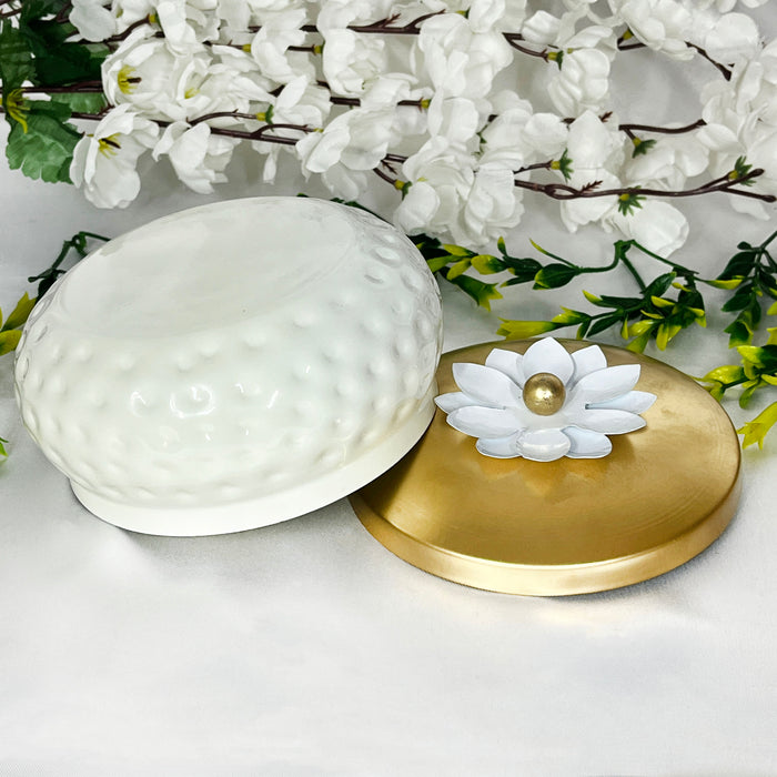 Elegant White Ceramic Storage Jar with Gold Lid | Decorative Multipurpose Organizer