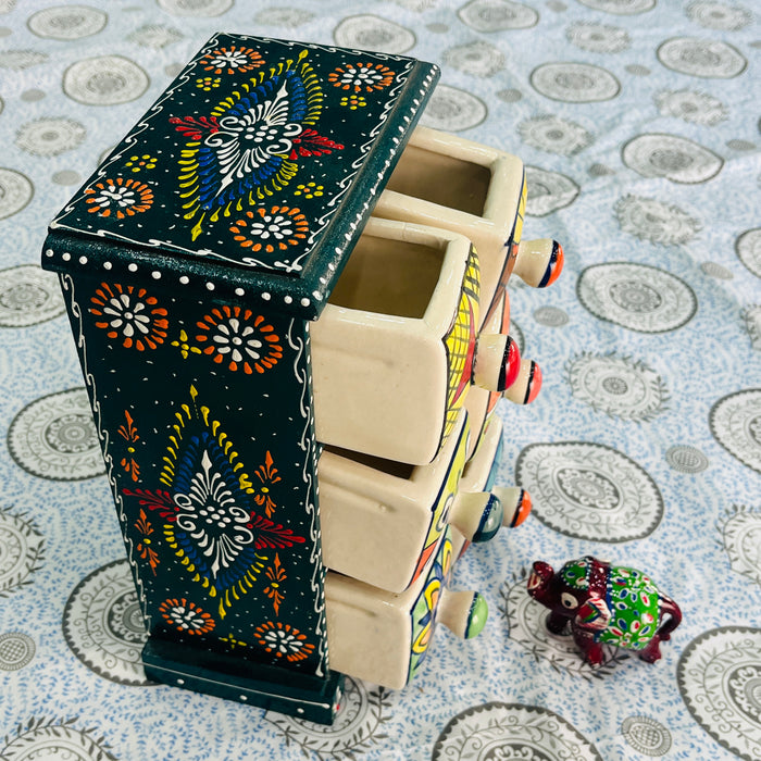 Handcrafted Wooden Jewelry Box with Colorful Ceramic Drawers | Rajasthani Mini Chest Organizer