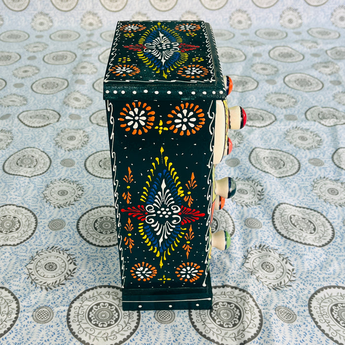 Handcrafted Wooden Jewelry Box with Colorful Ceramic Drawers | Rajasthani Mini Chest Organizer