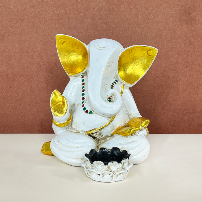 Handcrafted Lord Ganesha Tealight Candle Holder | White & Gold Ganesh Idol for Home Décor