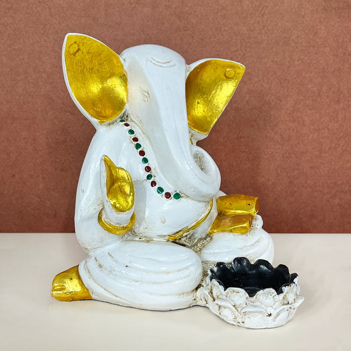Handcrafted Lord Ganesha Tealight Candle Holder | White & Gold Ganesh Idol for Home Décor