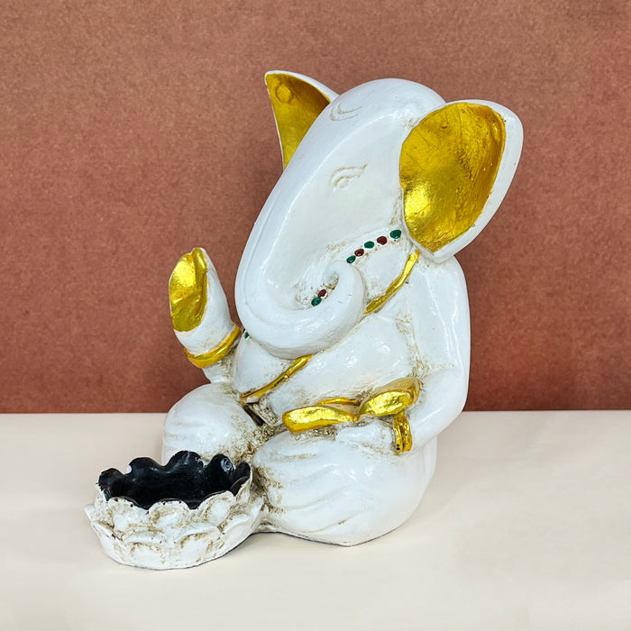 Handcrafted Lord Ganesha Tealight Candle Holder | White & Gold Ganesh Idol for Home Décor