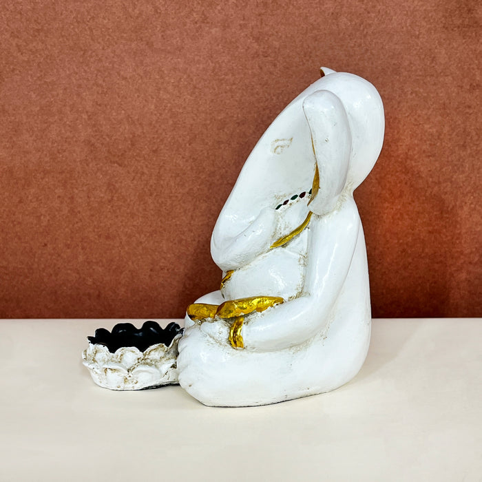 Handcrafted Lord Ganesha Tealight Candle Holder | White & Gold Ganesh Idol for Home Décor